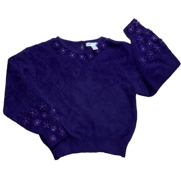 Vintage Angora Wool Sweater Purple Embroidered Flower Gems Dark Fairycore-L - Picture 7 of 14